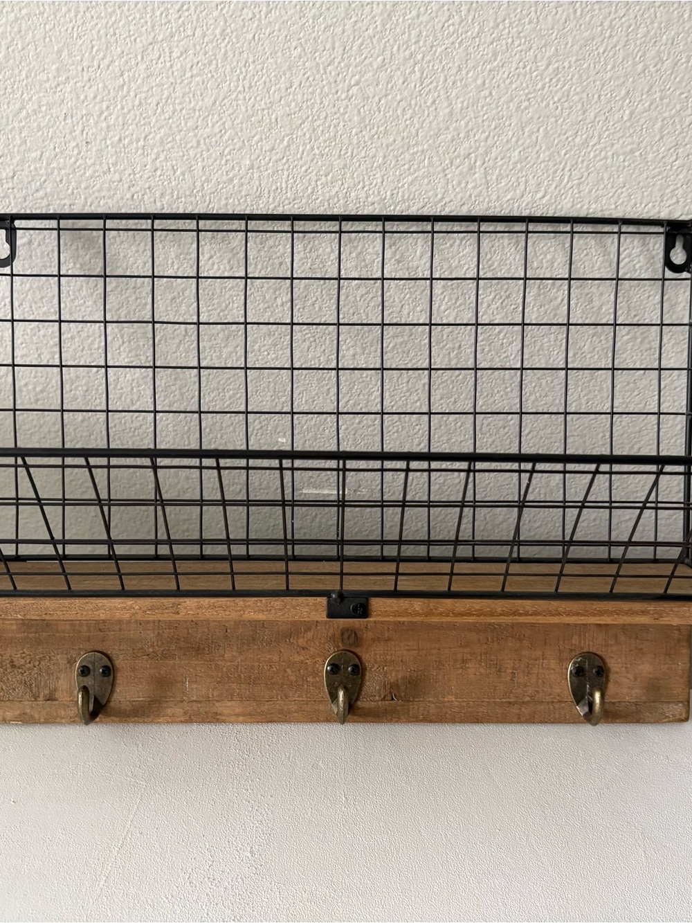 Rustic Black Wire Wall Basket with Wood Hook Rack